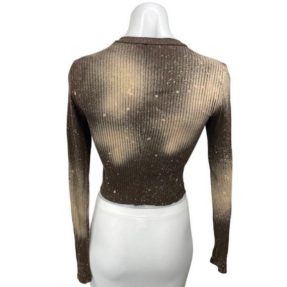 La Luxe Brown Tie Dye Galaxy Print Rib Knit Long Sleeve Crop Sweater Top Size S - Picture 2 of 4